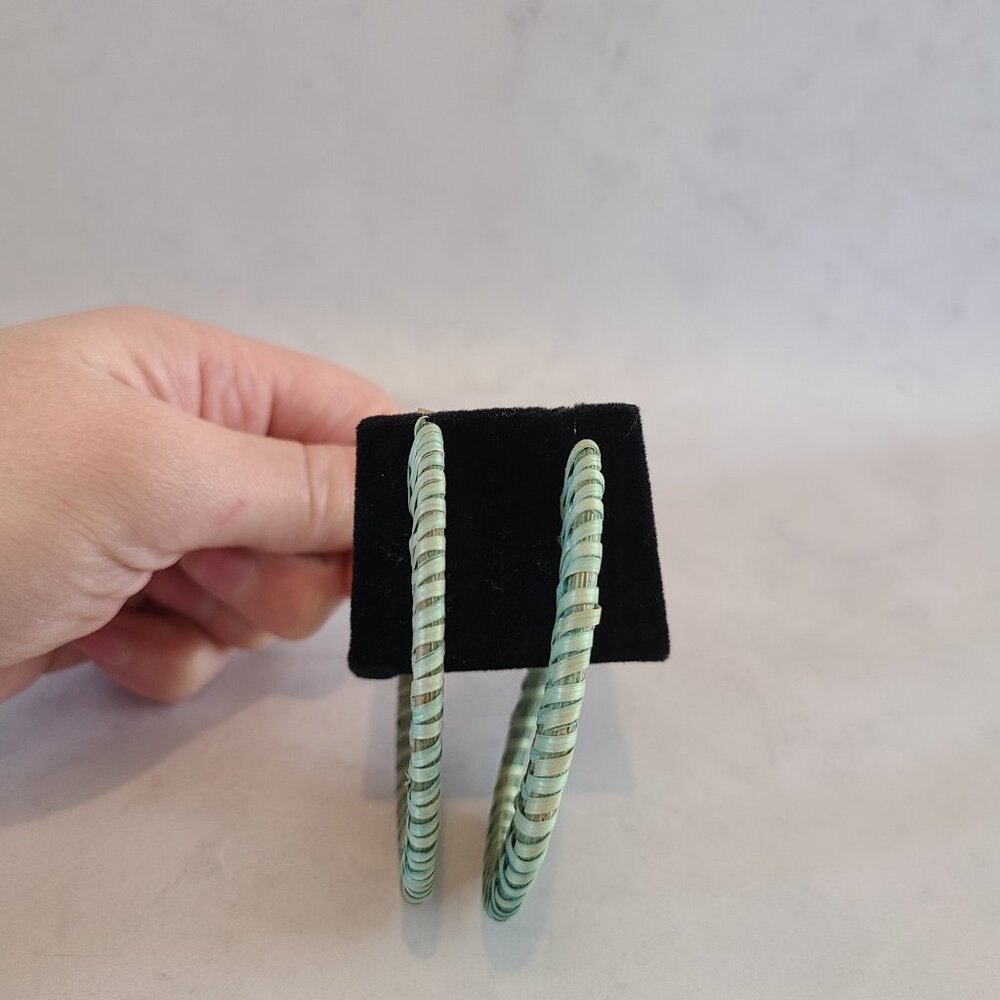 Large Turquoise Raffia Hoop Earrings - Picture 5 of 6
